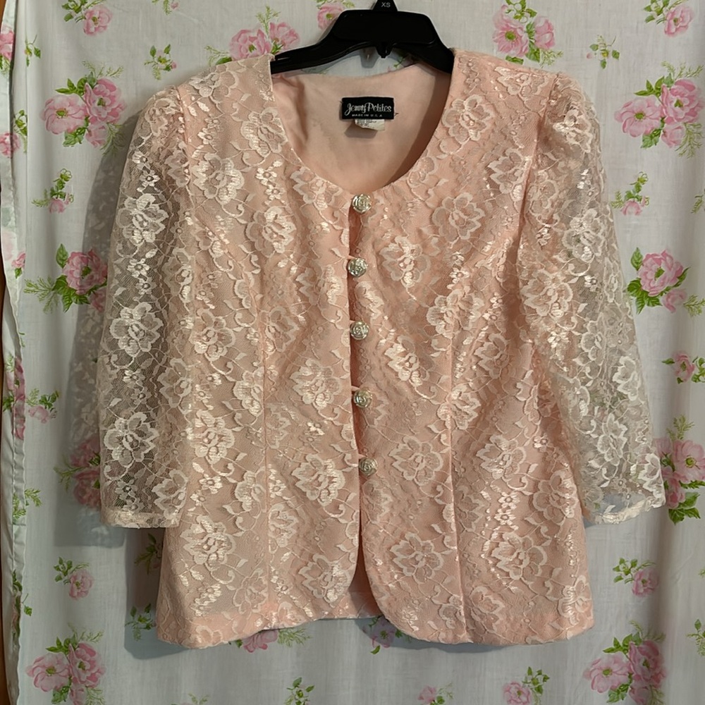 Vintage pink lace blazer rose buttons 80’s Mother of the Bride Jenny petites